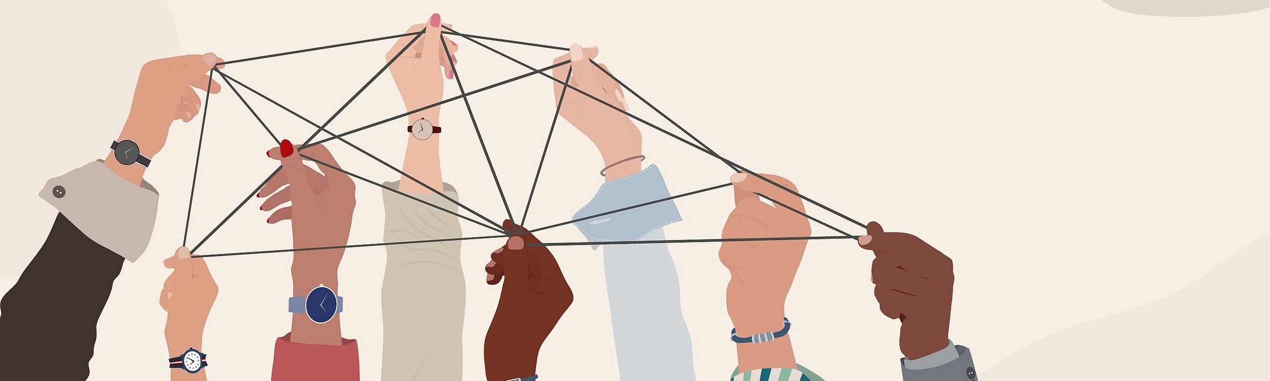 Illustration von Händen, die gemeinsam ein Netz spannen
